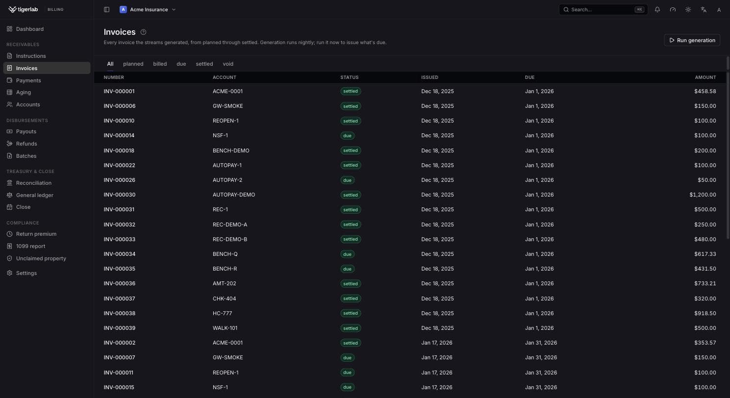 tigerbilling invoices list