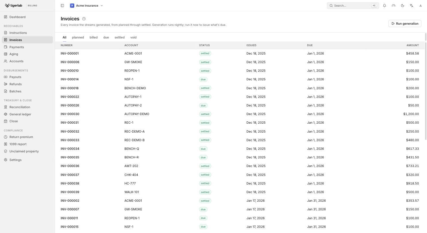 tigerbilling invoices list